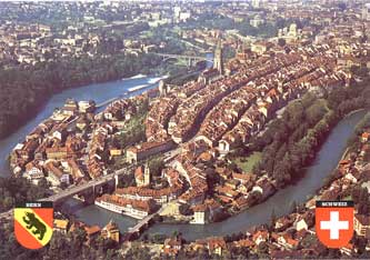 Aerial view of Bern showing the Aare River and Insel.  The Anabaptitst were deported down the Aare and then the Rhine River.